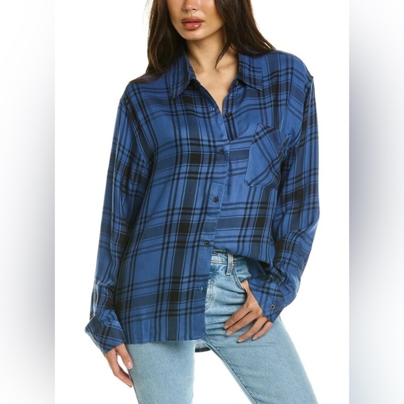We Wore What Women's XXS/XS Boyfriend Plaid Button-Up Relaxed Shirt Blue/ Black - Picture 1 of 12